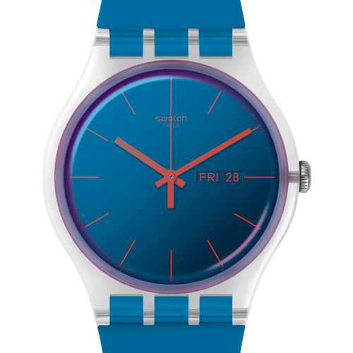 Swatch Gent SO29N100 Polablue – Vista laterale cassa Gent blu con cinturino – SWATCH