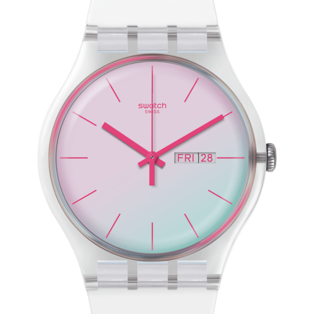 Swatch New Gent SUOW700 Polawhite – Vista laterale cassa New Gent bianca con cinturino – SWATCH