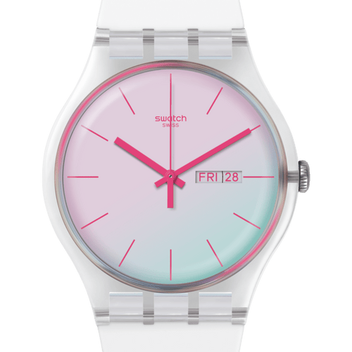 Swatch New Gent SUOW700 Polawhite – Vista laterale cassa New Gent bianca con cinturino – SWATCH