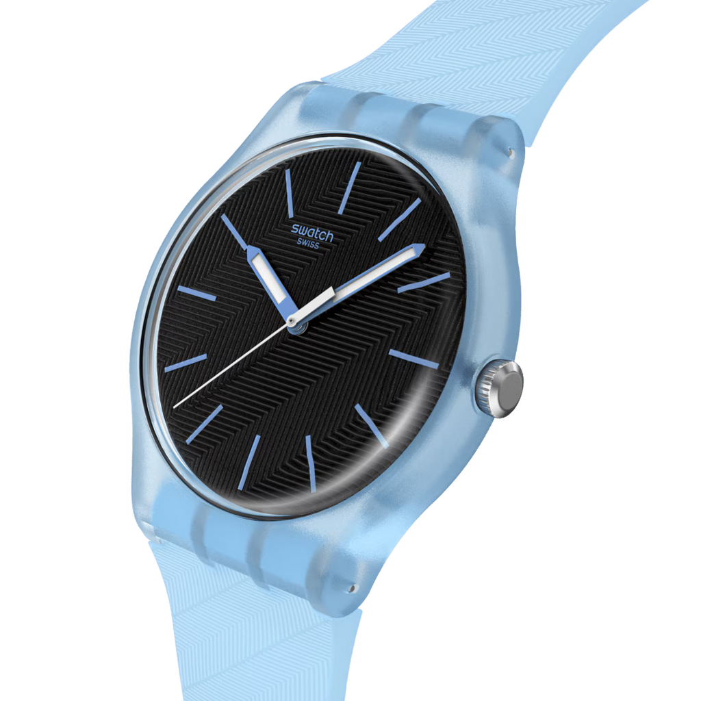 Swatch Gent SO29L101 Blue Moves – Vista frontale con cinturino alternativo – SWATCH