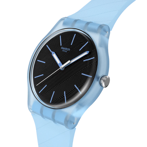 Swatch Gent SO29L101 Blue Moves – Vista frontale con cinturino alternativo – SWATCH