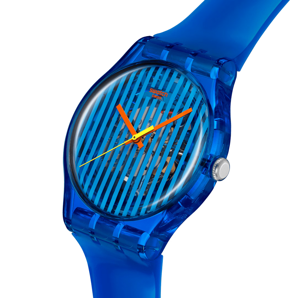 Orologio Swatch BRILLIANTLY BLUE SO29S102 – Vista laterale – Collezione New Gent da Cicco Gioielleria