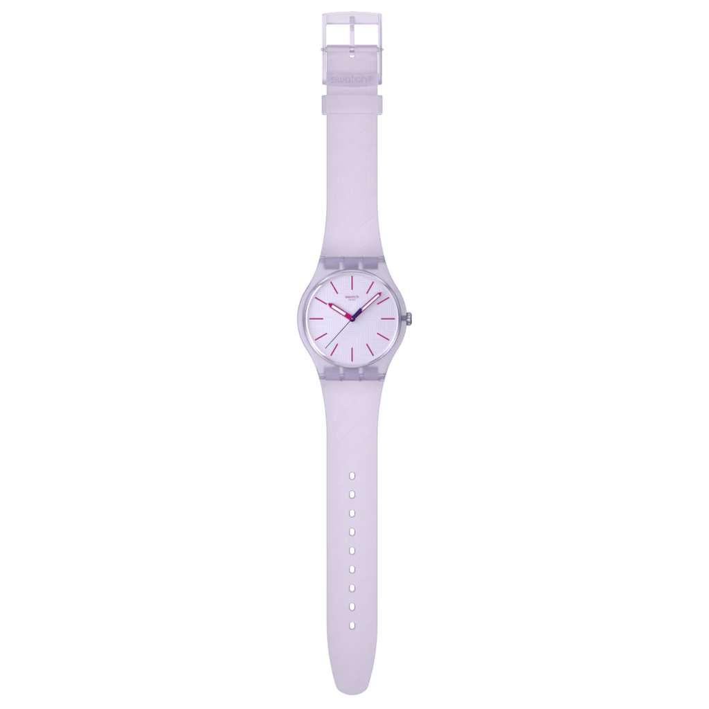 Swatch New Gent SUOV702 Lavendaze – Orologio uomo quadrante lavanda, vista frontale su sfondo bianco – CICCO Gioielleria