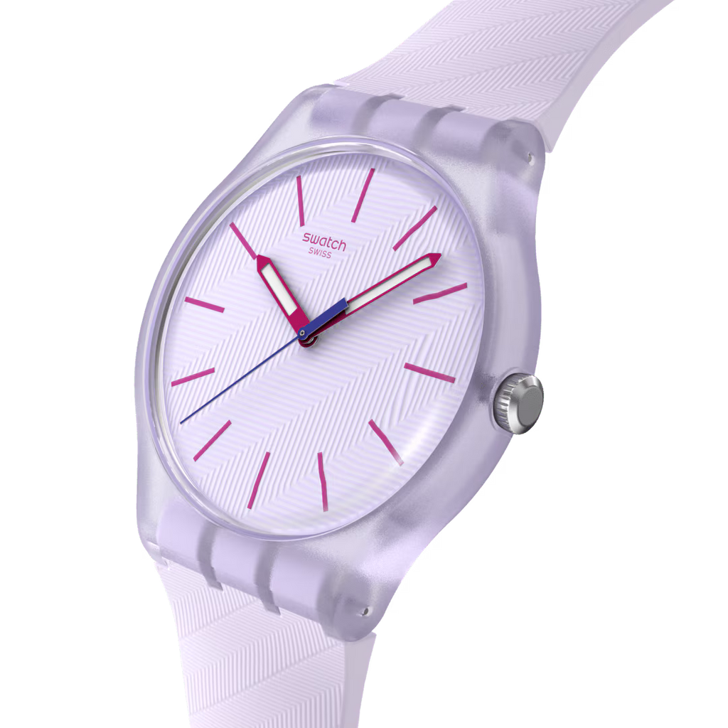 Swatch New Gent SUOV702 Lavendaze – Vista laterale cassa New Gent lilla con cinturino – SWATCH