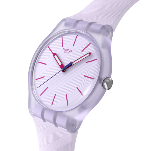Swatch New Gent SUOV702 Lavendaze – Vista laterale cassa New Gent lilla con cinturino – SWATCH