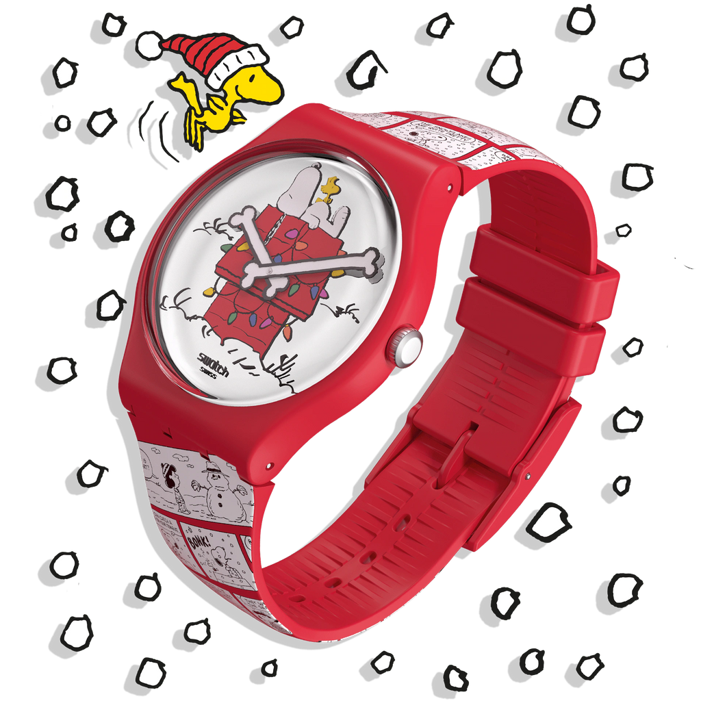 Swatch SO29Z109 Chomp! – Quadrante a specchio con vignette Peanuts in bianco e nero e lancette a forma di osso