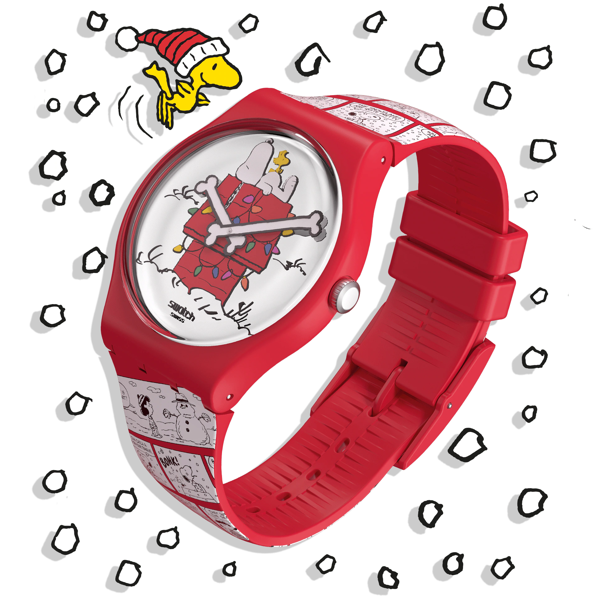 Swatch SO29Z109 Chomp! – Quadrante a specchio con vignette Peanuts in bianco e nero e lancette a forma di osso
