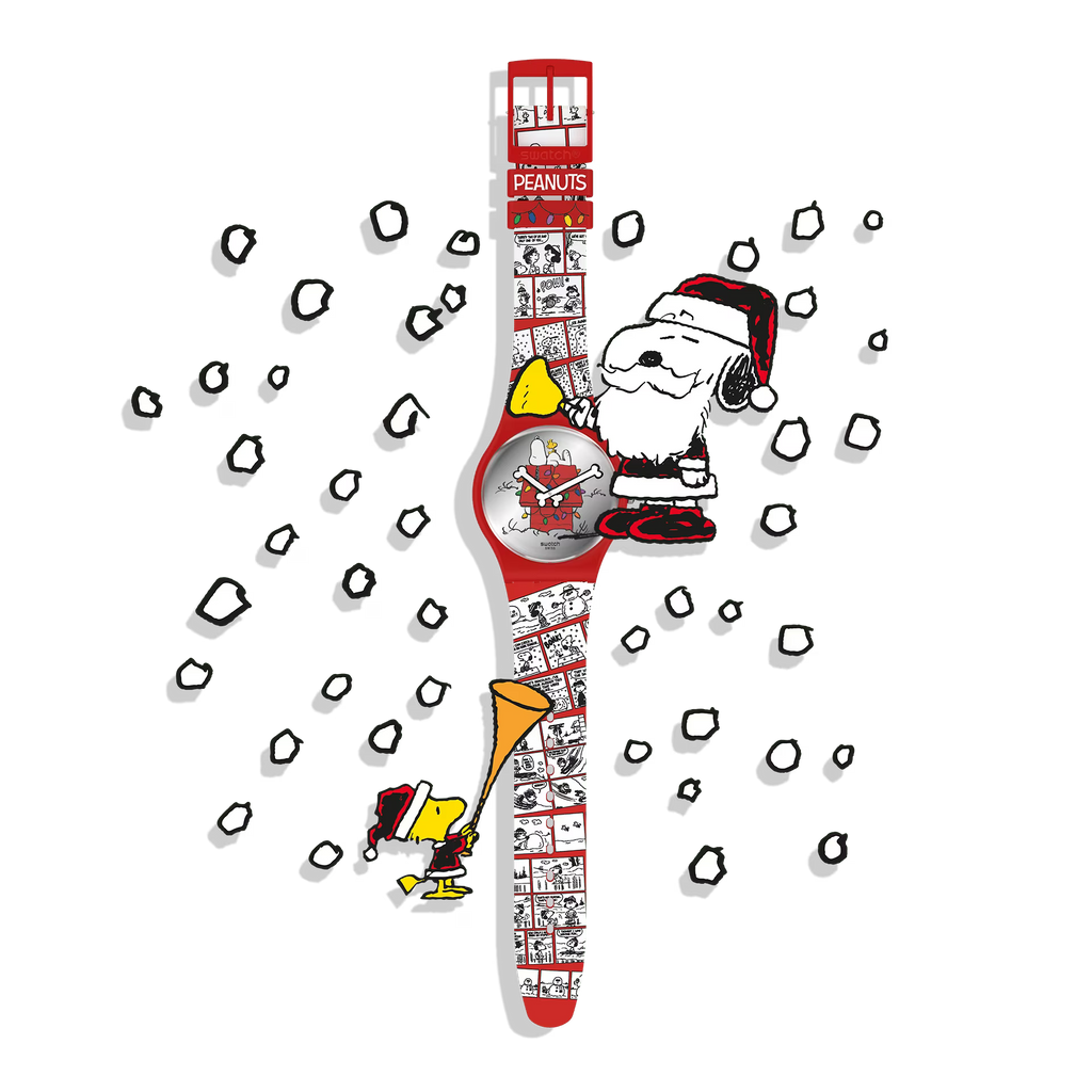 Swatch SO29Z109 Chomp! x Peanuts – Orologio Special Edition Natale con cassa rossa e quadrante a specchio Snoopy