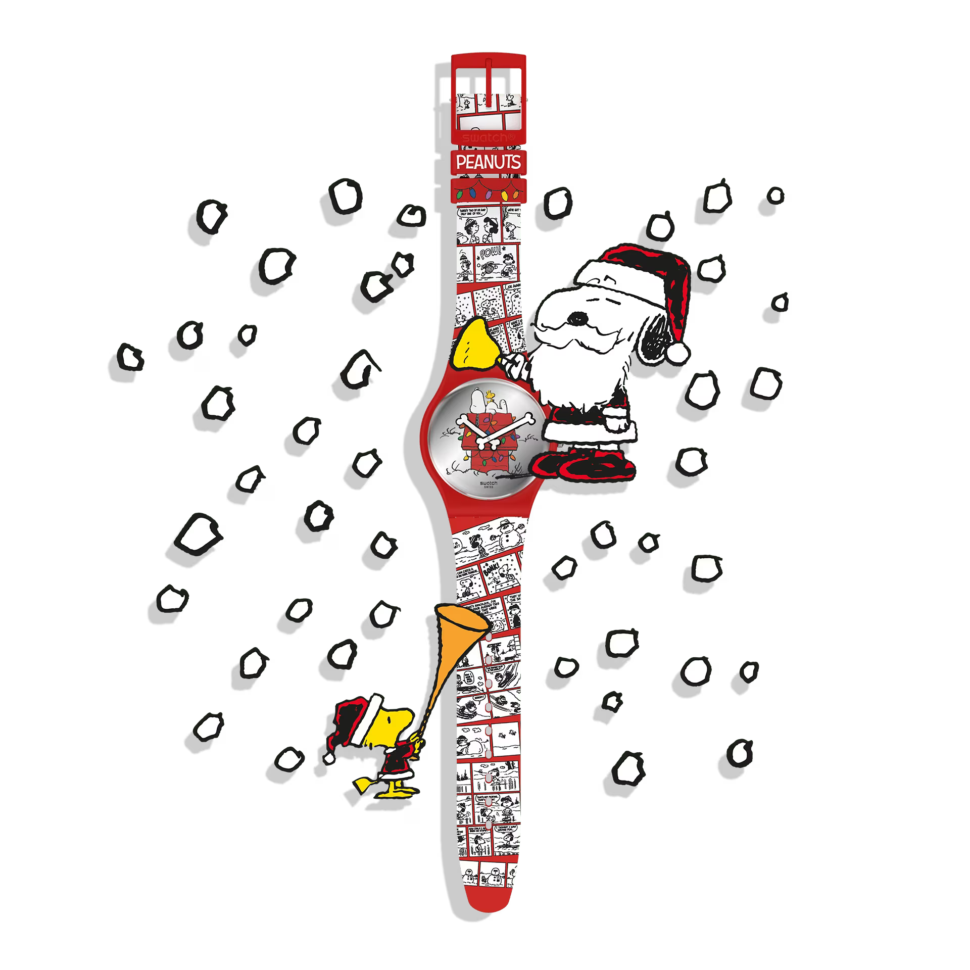 Swatch SO29Z109 Chomp! x Peanuts – Orologio Special Edition Natale con cassa rossa e quadrante a specchio Snoopy