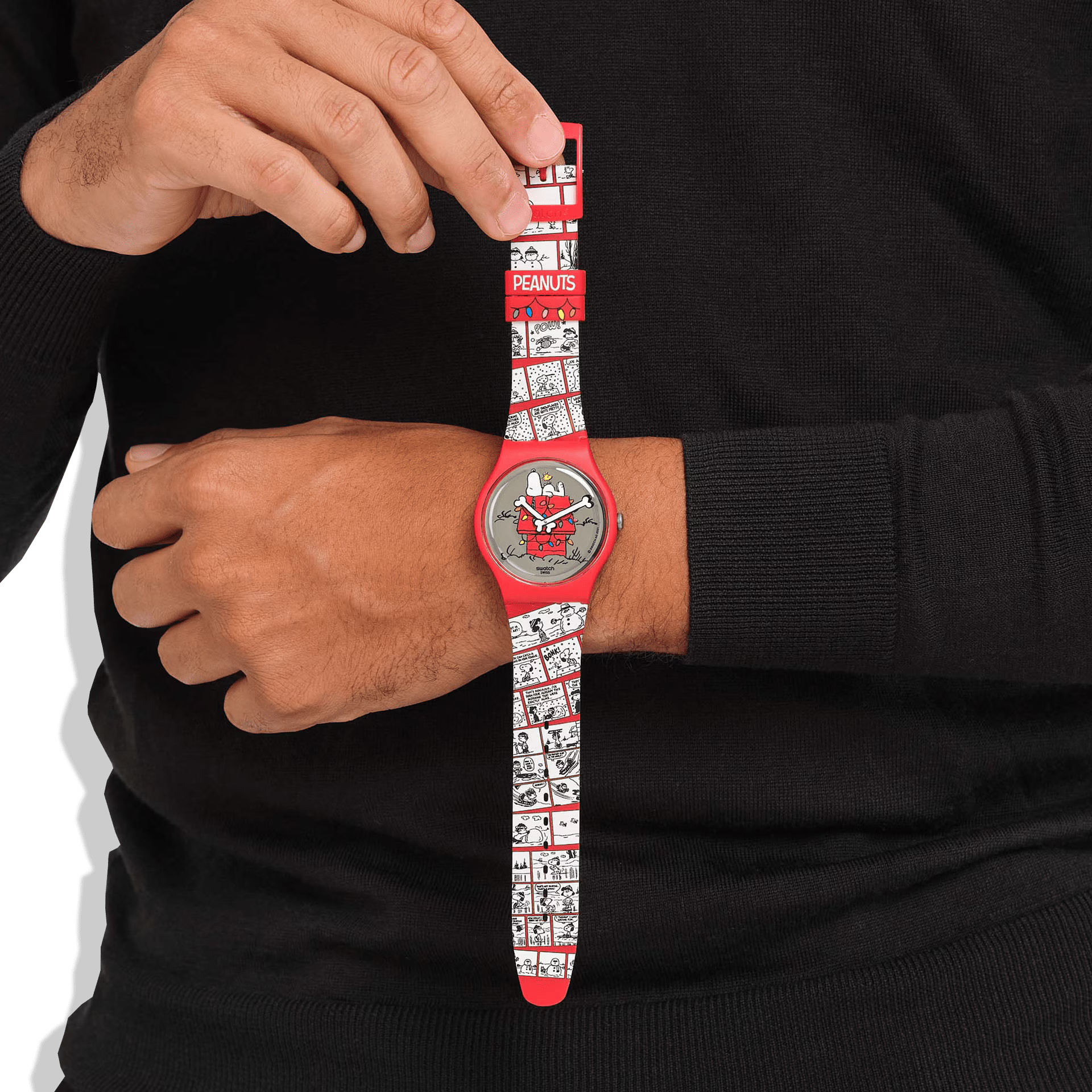 Swatch SO29Z109 Chomp! x Peanuts indossato – Special Edition Natale con cinturino silicone rosso