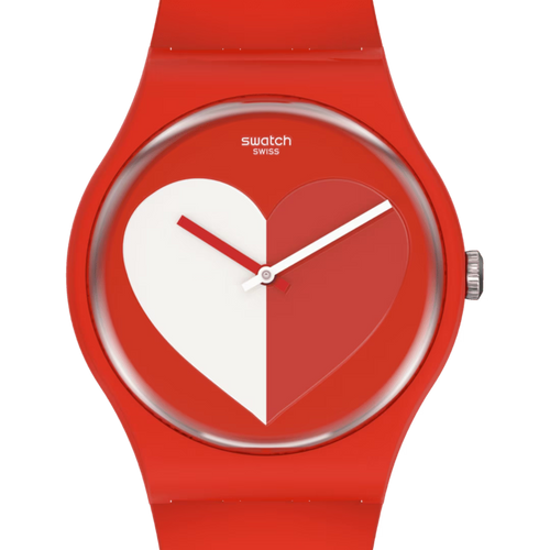 Swatch SO29Z1212 Half Heart White – Dettaglio quadrante con mezzo cuore bianco, edizione speciale coppia – SWATCH