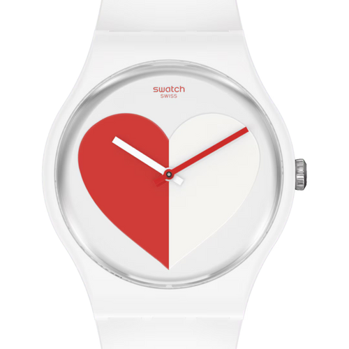 Swatch SO29Z113 Half Heart Red – Dettaglio quadrante con mezzo cuore rosso, edizione speciale coppia – SWATCH