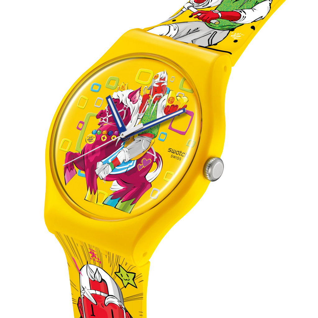 Swatch SO29Z157 Blow Away – Dettaglio quadrante giallo multicolore