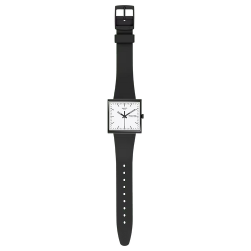 Swatch What If SO34B700 Black – Orologio quadrato Bioceramic nero, vista frontale su sfondo bianco – CICCO Gioielleria