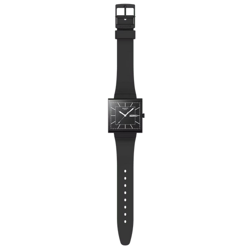 Swatch What If SO34B701 Blackagain – Orologio quadrato Bioceramic nero opaco, vista frontale su sfondo bianco – CICCO Gioielleria