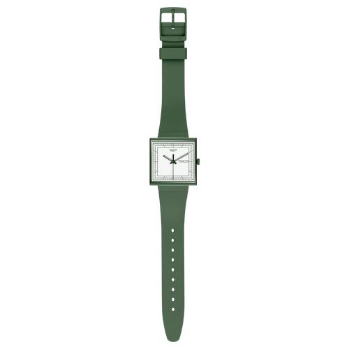 Swatch What If SO34G700 Green – Orologio quadrato Bioceramic verde, vista frontale su sfondo bianco – CICCO Gioielleria