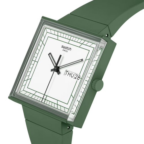 Swatch What If SO34G700 Green – Vista laterale cassa quadrata Bioceramic verde, vetro edge-to-edge – SWATCH