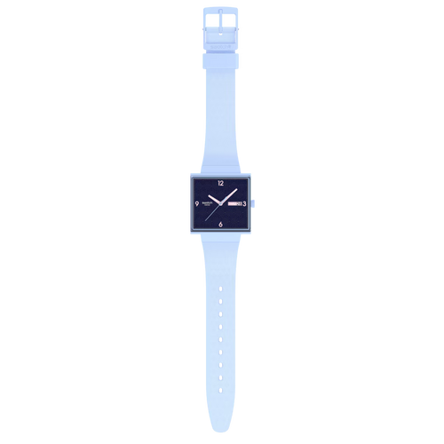 Swatch What If SO34L701 Bright Angle – Orologio quadrato Bioceramic azzurro, vista frontale su sfondo bianco – CICCO Gioielleria