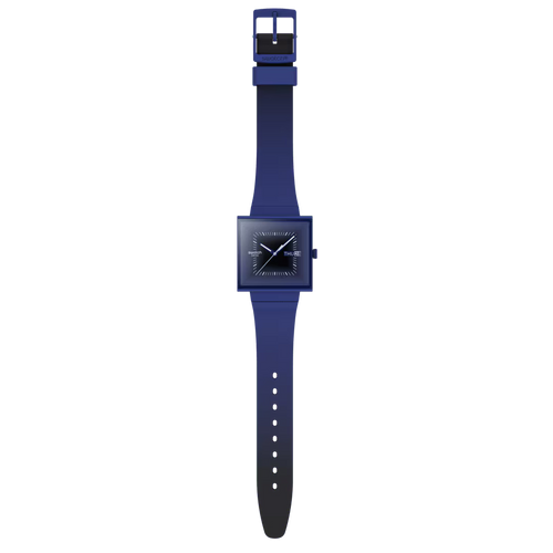 Swatch What If SO34N700 Squarely Blacklight – Orologio quadrato Bioceramic blu scuro, vista frontale su sfondo bianco – CICCO Gioielleria