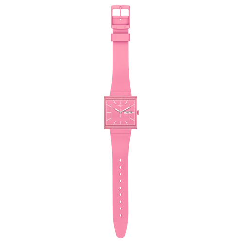 Swatch What If SO34P700 Rose – Orologio quadrato Bioceramic rosa, vista frontale su sfondo bianco – CICCO Gioielleria