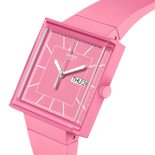 Swatch What If SO34P700 Rose – Vista laterale cassa quadrata Bioceramic rosa, vetro edge-to-edge – SWATCH