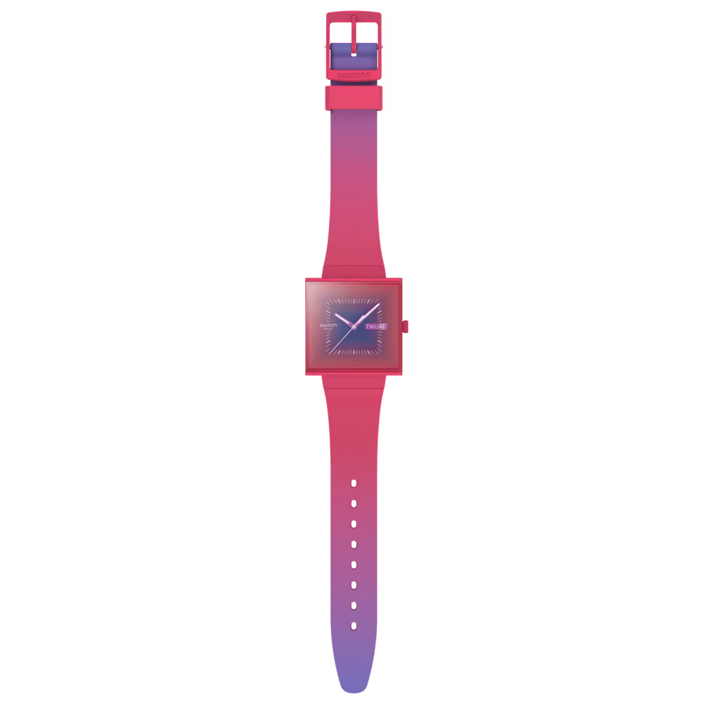 Swatch Squarely Berry What If SO34R700 – Orologio Bioceramic rosa scuro, vista frontale | CICCO Gioielleria