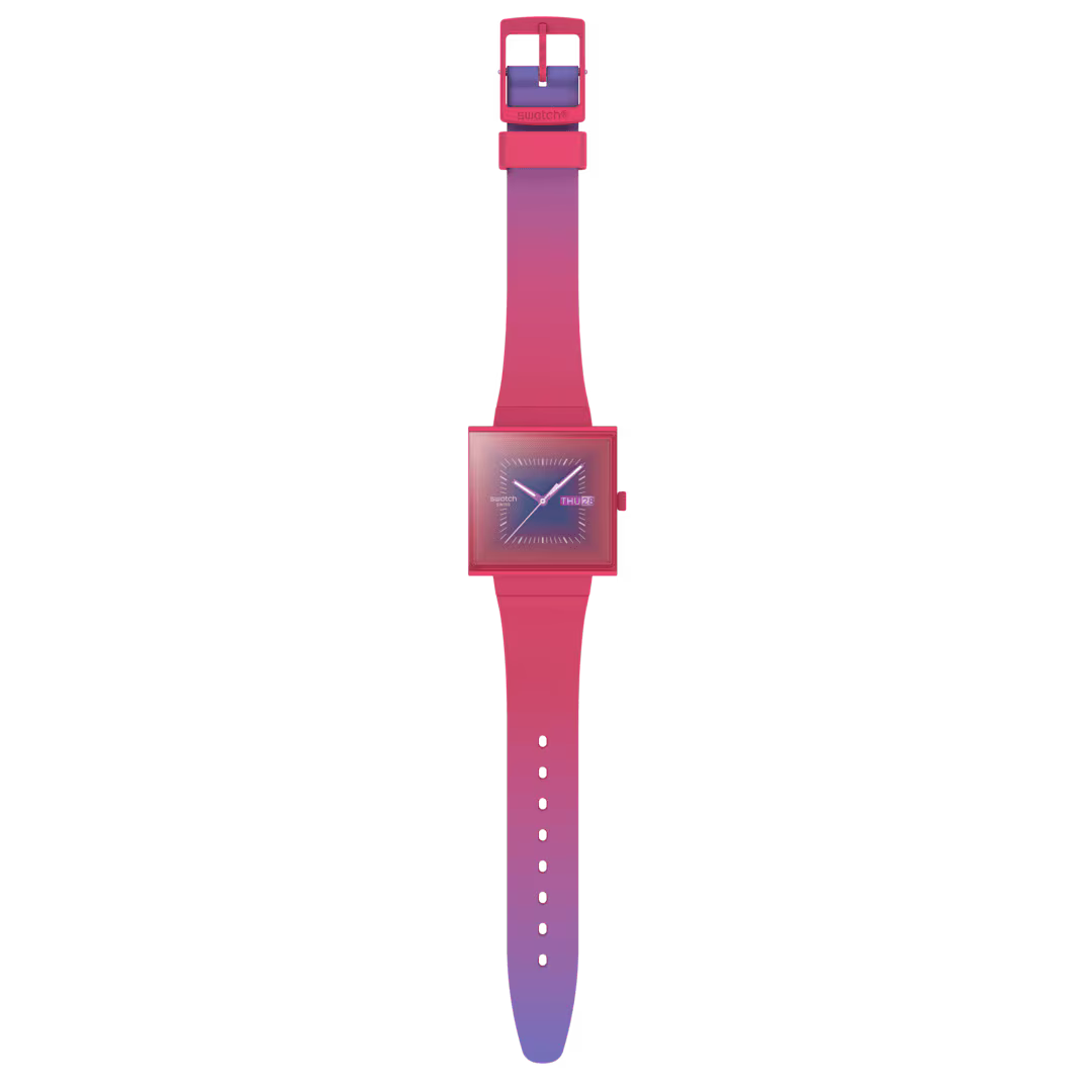Swatch Squarely Berry What If SO34R700 – Orologio Bioceramic rosa scuro, vista frontale | CICCO Gioielleria