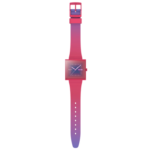 Swatch Squarely Berry What If SO34R700 – Orologio Bioceramic rosa scuro, vista frontale | CICCO Gioielleria