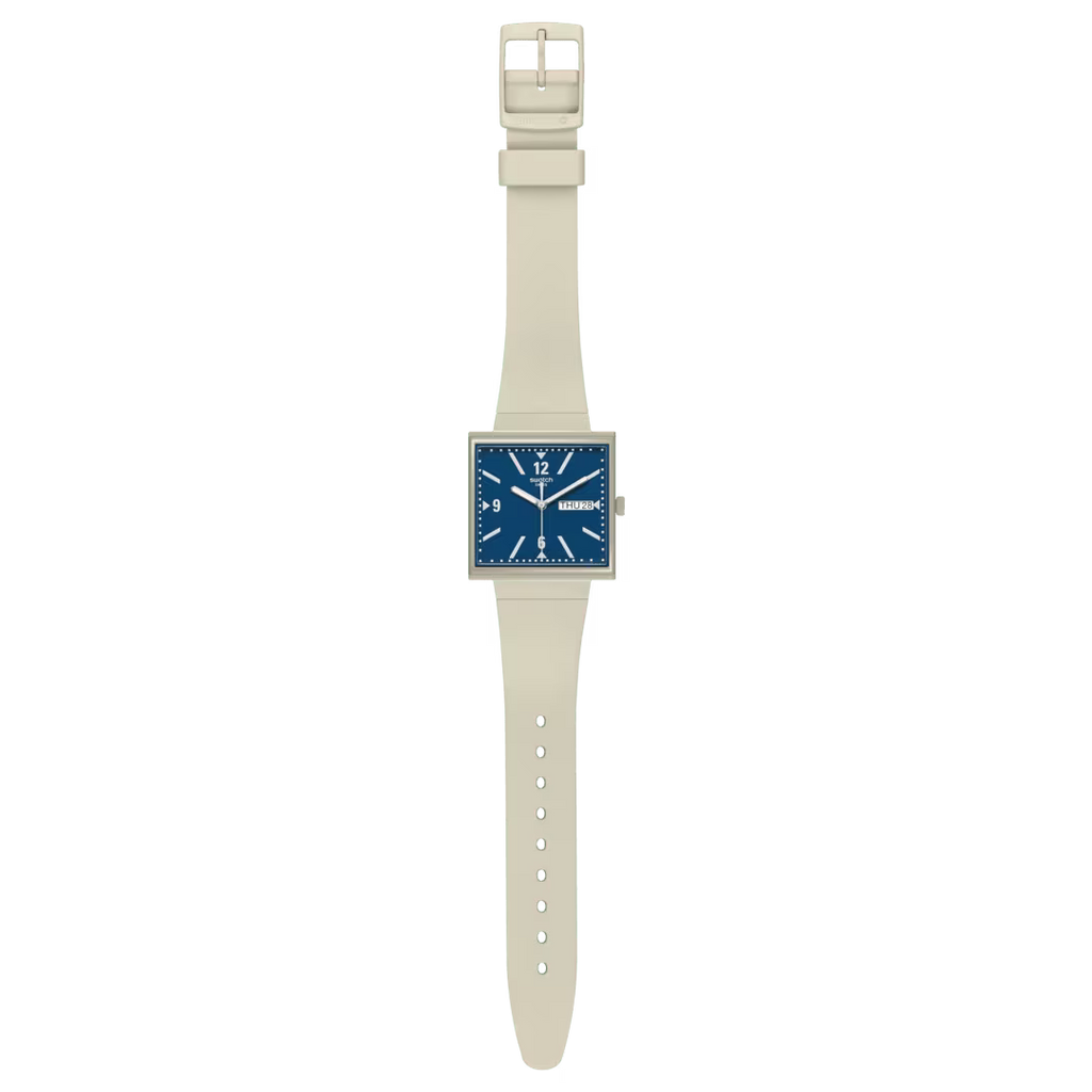 Swatch What If SO34T700 Beige – Orologio quadrato Bioceramic beige, vista frontale su sfondo bianco – CICCO Gioielleria