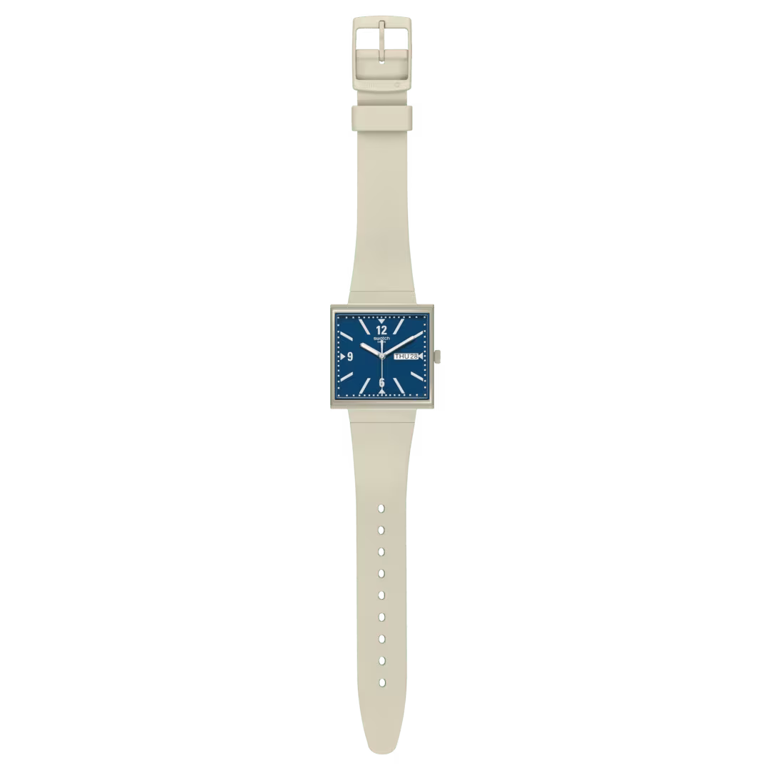 Swatch What If SO34T700 Beige – Orologio quadrato Bioceramic beige, vista frontale su sfondo bianco – CICCO Gioielleria