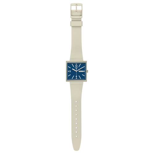 Swatch What If SO34T700 Beige – Orologio quadrato Bioceramic beige, vista frontale su sfondo bianco – CICCO Gioielleria