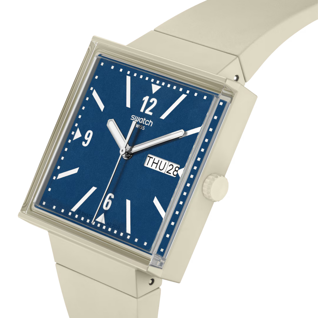 Swatch What If SO34T700 Beige – Vista laterale cassa quadrata Bioceramic beige, vetro edge-to-edge – SWATCH
