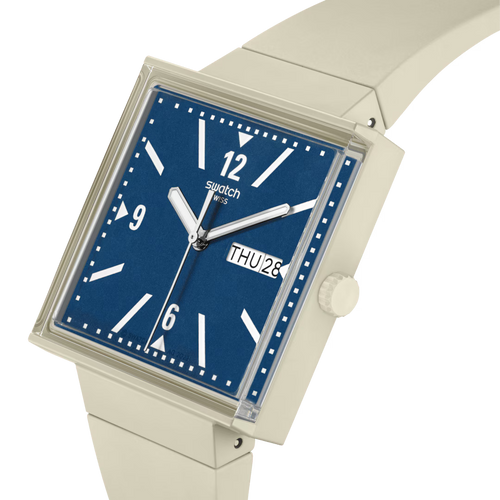 Swatch What If SO34T700 Beige – Vista laterale cassa quadrata Bioceramic beige, vetro edge-to-edge – SWATCH