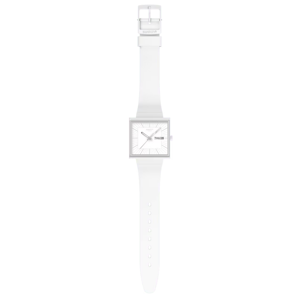 Orologio Swatch SO34W700 What If BIOCERAMIC quadrato bianco, vista frontale