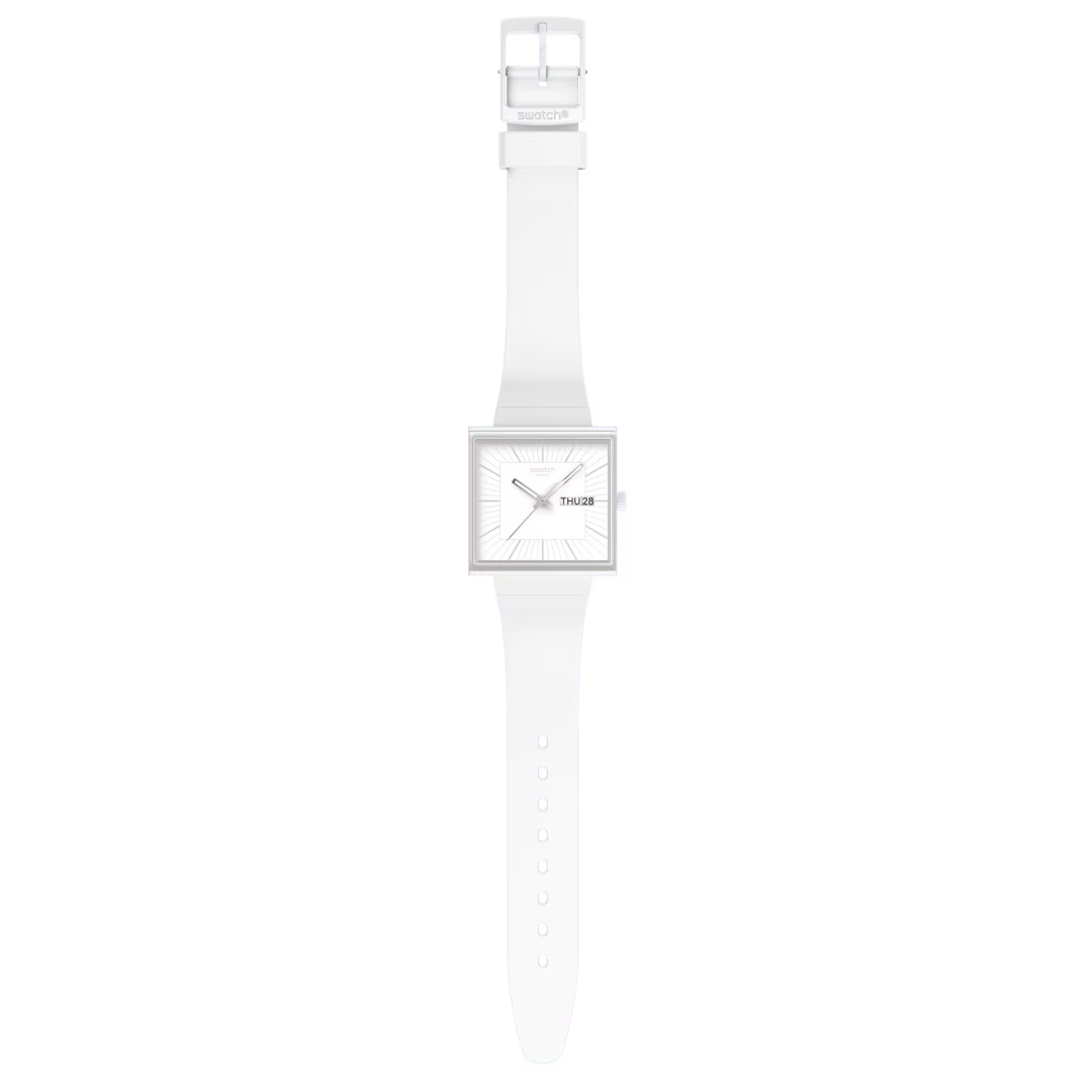 Orologio Swatch SO34W700 What If BIOCERAMIC quadrato bianco, vista frontale