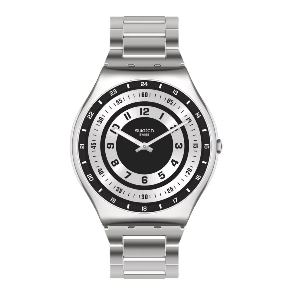 Orologio Swatch Skin Irony Rings of Irony SS07S121G – Vista frontale, quadrante bianco e nero – Cicco Gioielleria