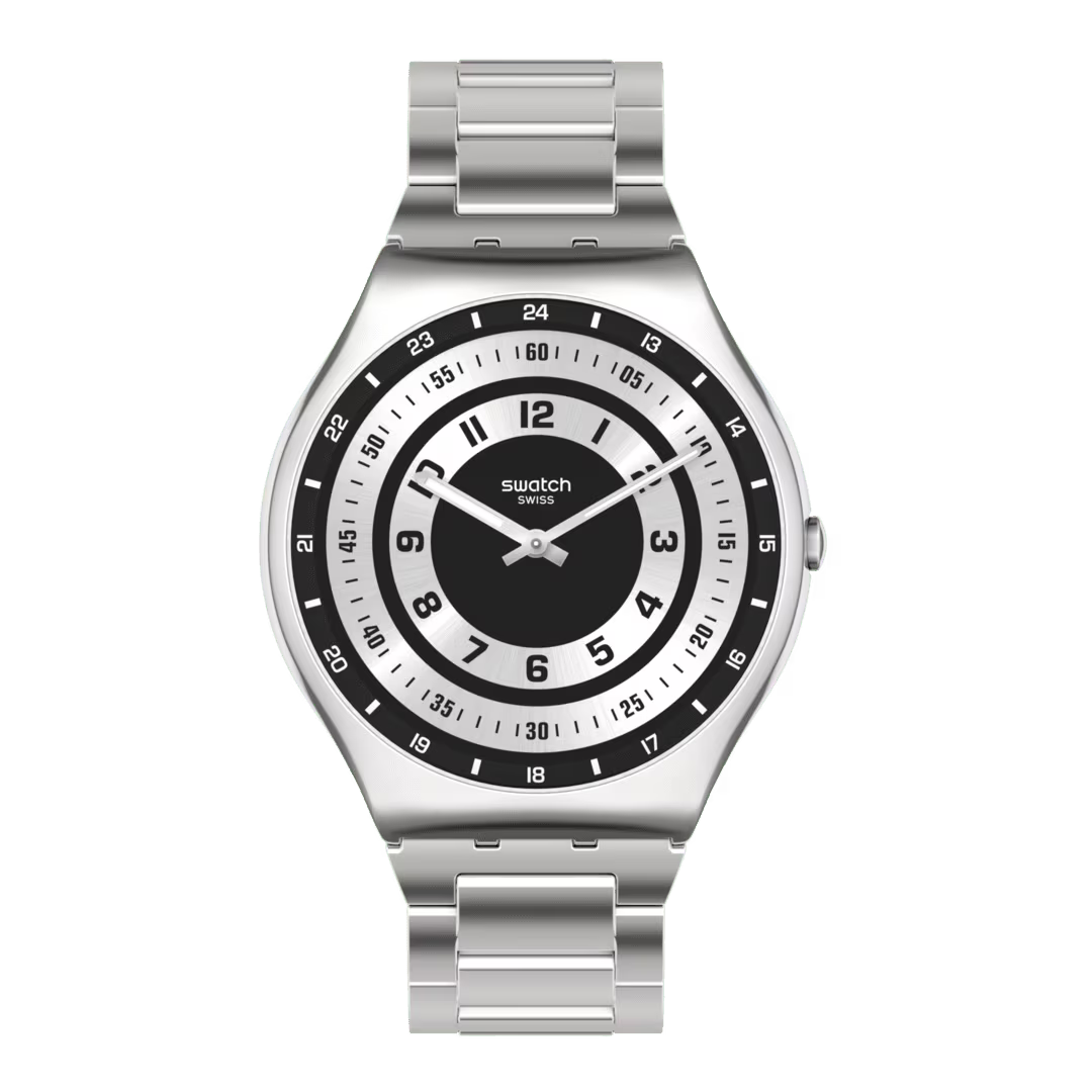 Orologio Swatch Skin Irony Rings of Irony SS07S121G – Vista frontale, quadrante bianco e nero – Cicco Gioielleria