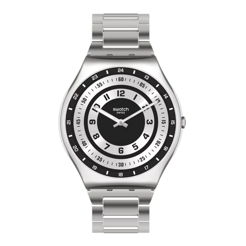 Orologio Swatch Skin Irony Rings of Irony SS07S121G – Vista frontale, quadrante bianco e nero – Cicco Gioielleria