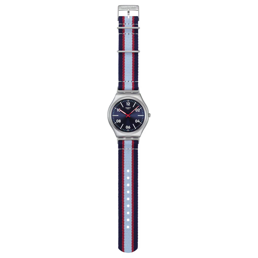 Swatch Irony SS07S148 Beside the Sea – Orologio in acciaio azzurro, vista frontale su sfondo bianco – CICCO Gioielleria