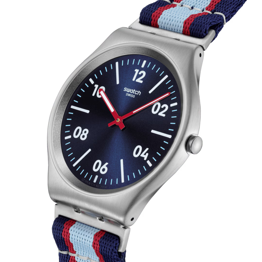 Swatch Irony SS07S148 Beside the Sea – Vista laterale cassa acciaio azzurro – SWATCH
