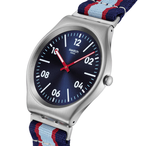 Swatch Irony SS07S148 Beside the Sea – Vista laterale cassa acciaio azzurro – SWATCH