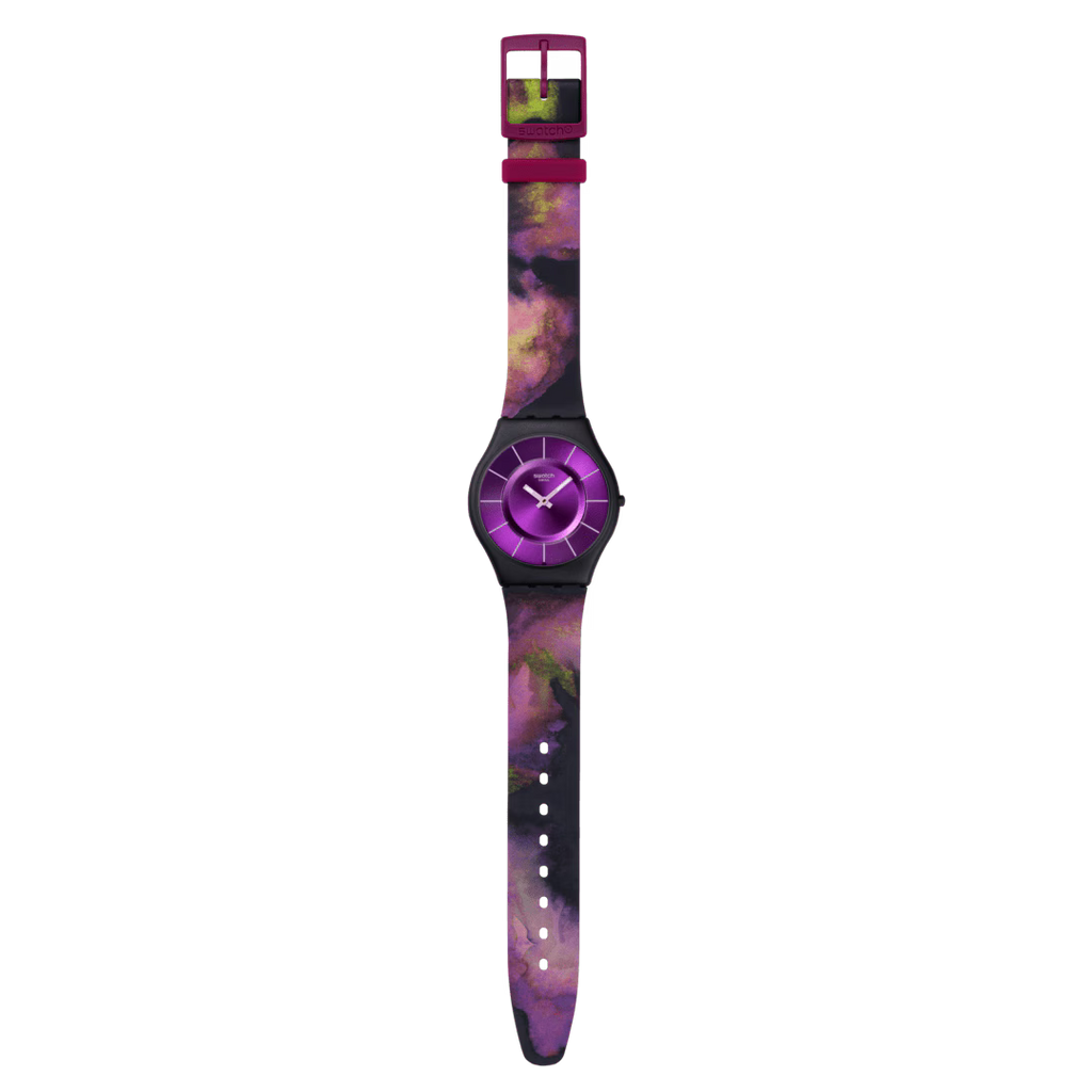 Swatch Skin SS08B106 Paradise Bloom – Orologio ultrasottile viola, vista frontale su sfondo bianco – CICCO Gioielleria
