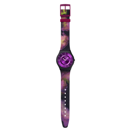 Swatch Skin SS08B106 Paradise Bloom – Orologio ultrasottile viola, vista frontale su sfondo bianco – CICCO Gioielleria