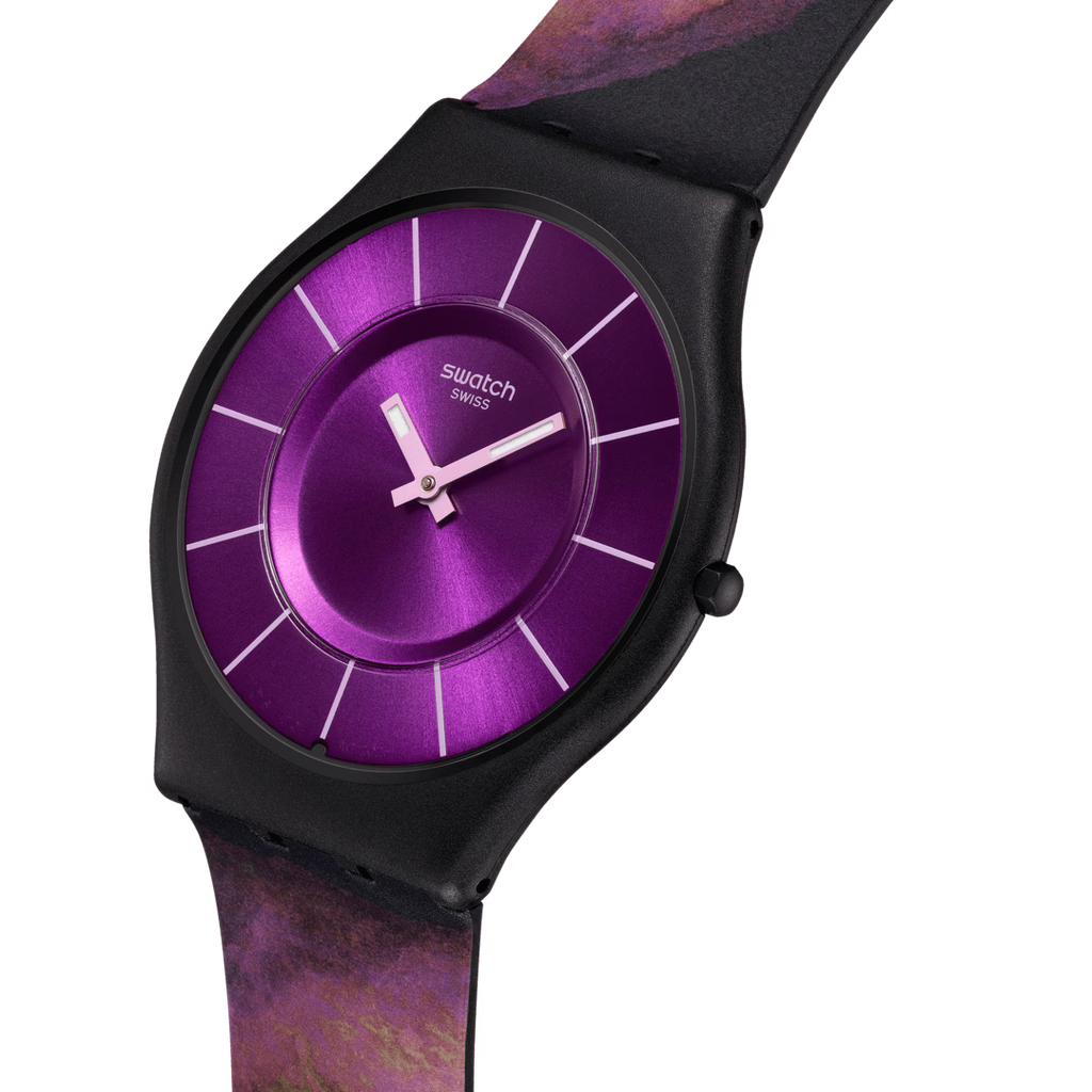 Swatch Skin SS08B106 Paradise Bloom – Vista laterale 280°, cassa biosourced nera ultra-piatta – SWATCH