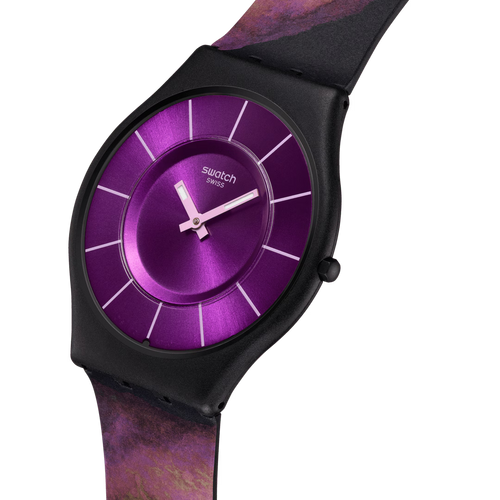 Swatch Skin SS08B106 Paradise Bloom – Vista laterale 280°, cassa biosourced nera ultra-piatta – SWATCH