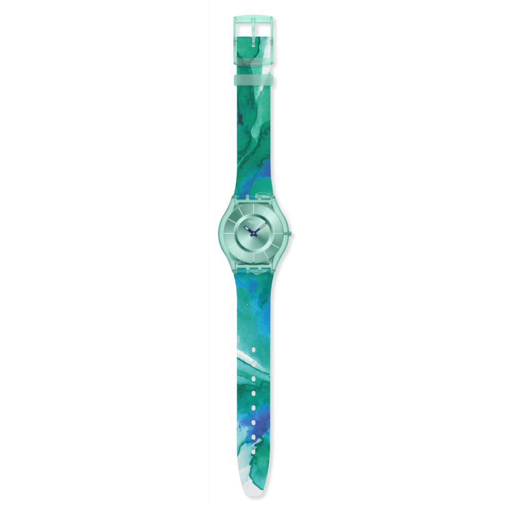 Swatch Skin SS08G111 Paradise Mist – Orologio ultrasottile turchese, vista frontale su sfondo bianco – CICCO Gioielleria