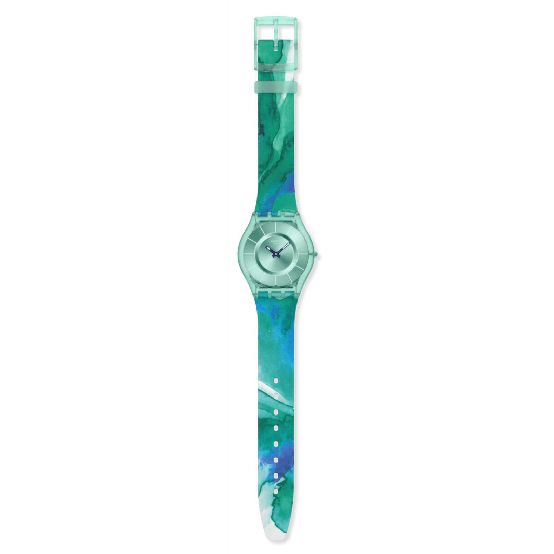 Swatch Skin SS08G111 Paradise Mist – Orologio ultrasottile turchese, vista frontale su sfondo bianco – CICCO Gioielleria