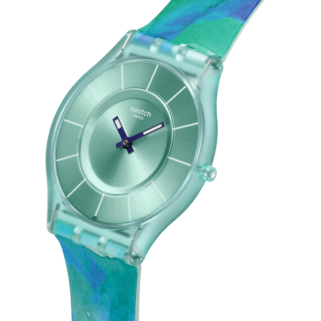 Swatch Skin SS08G111 Paradise Mist – Vista laterale 280°, cassa biosourced turchese ultra-piatta – SWATCH