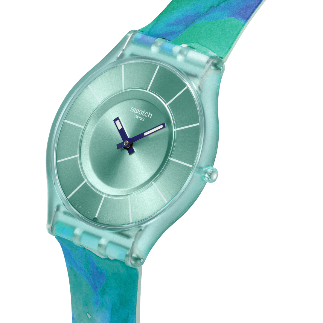 Swatch Skin SS08G111 Paradise Mist – Vista laterale 280°, cassa biosourced turchese ultra-piatta – SWATCH