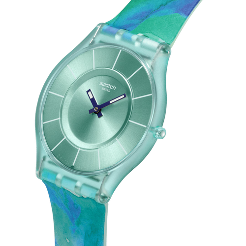 Swatch Skin SS08G111 Paradise Mist – Vista laterale 280°, cassa biosourced turchese ultra-piatta – SWATCH